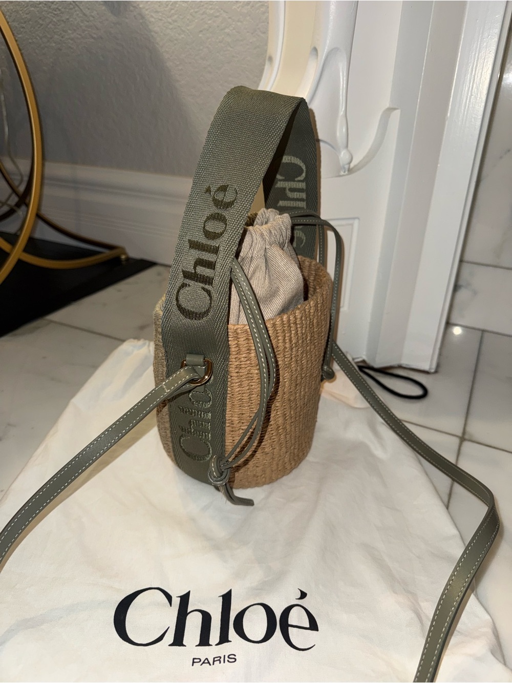 Sale! Chloe Woody Tan Woven Mini Bucket Bag with Green Leather Straps